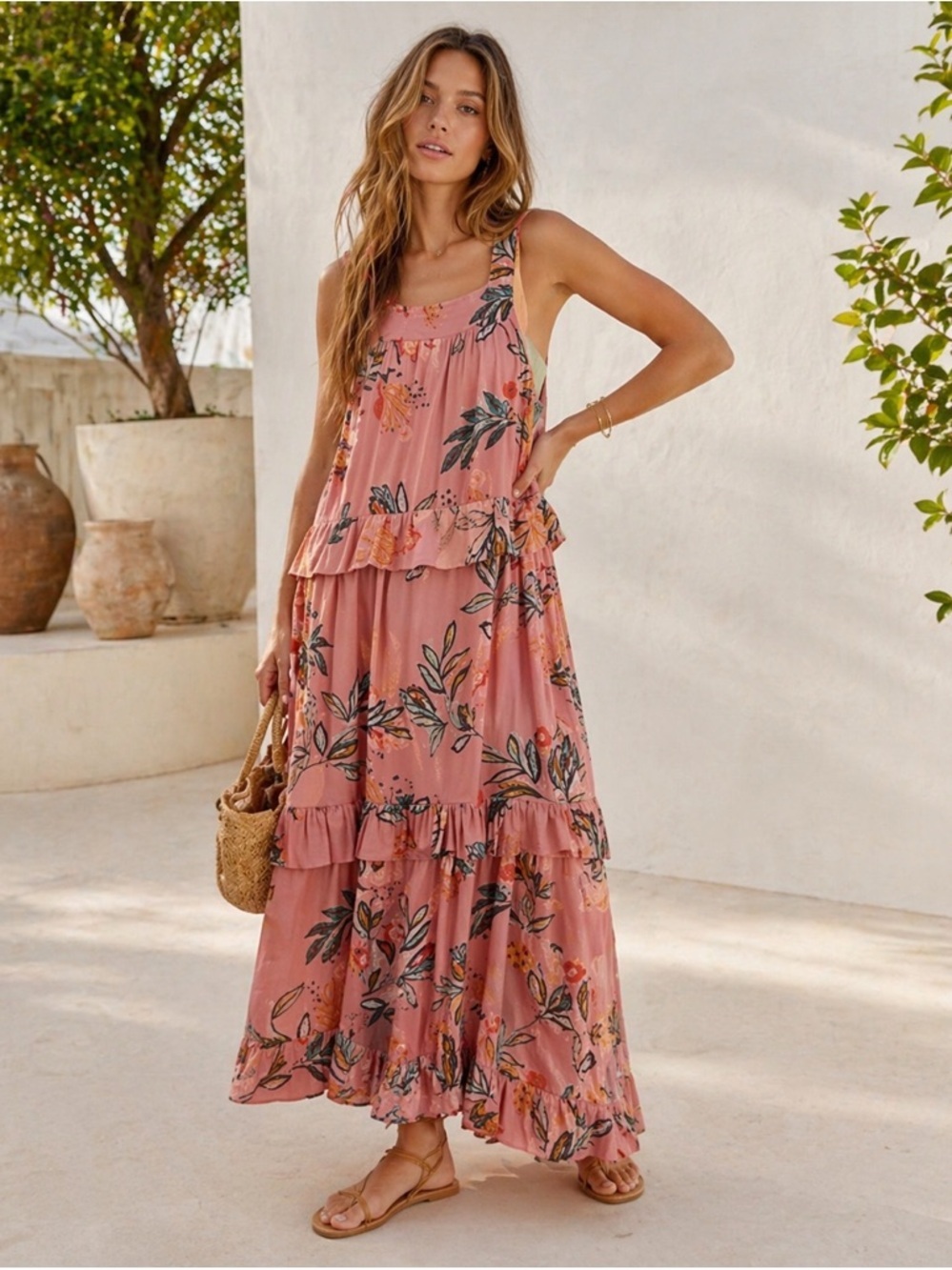 Free People Anita Tiered Ruffle Floral Print Maxi Dress in Desert Rose Size M - Picture 1 of 9